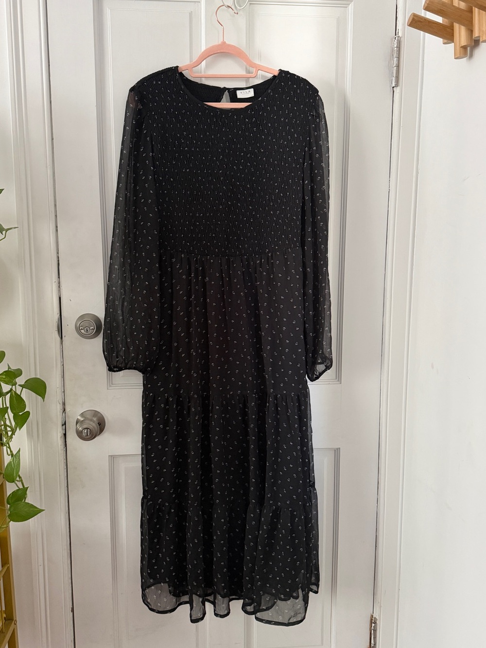 Black Long-Sleeve Maxi Dress with Tiny White Floral Print